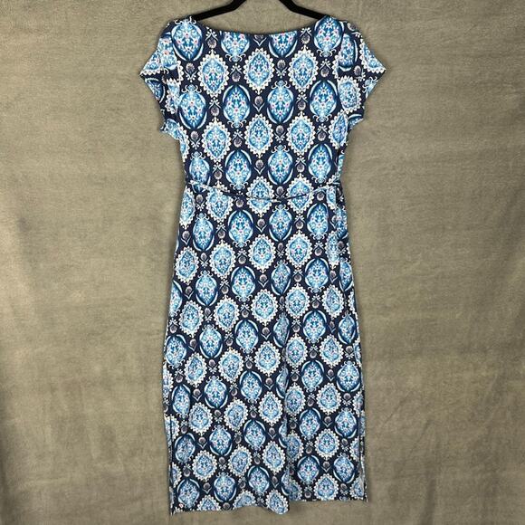 J Jill Dress Womens Small Petite Blue Floral Stretch Midi Resort Preppy Beach - Picture 8 of 15